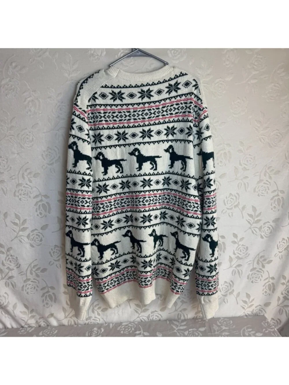 Lands End Sweater Adult XL Multicolor Fair Isle Knit Crewneck Geometric Dog NEW - Picture 6 of 8